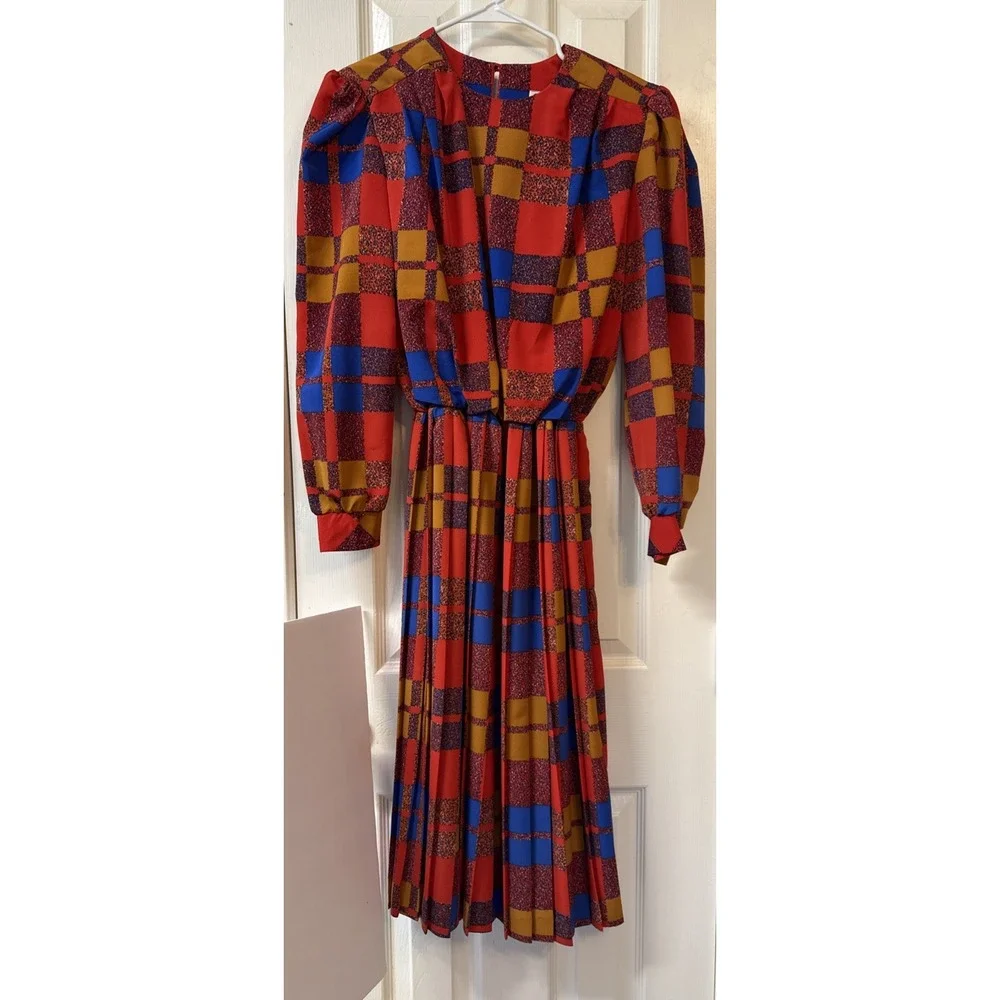 VTG‎ 80s Patchwork Eileen Scott Pleated Secretary Geek Dress USA  Long Sleeve